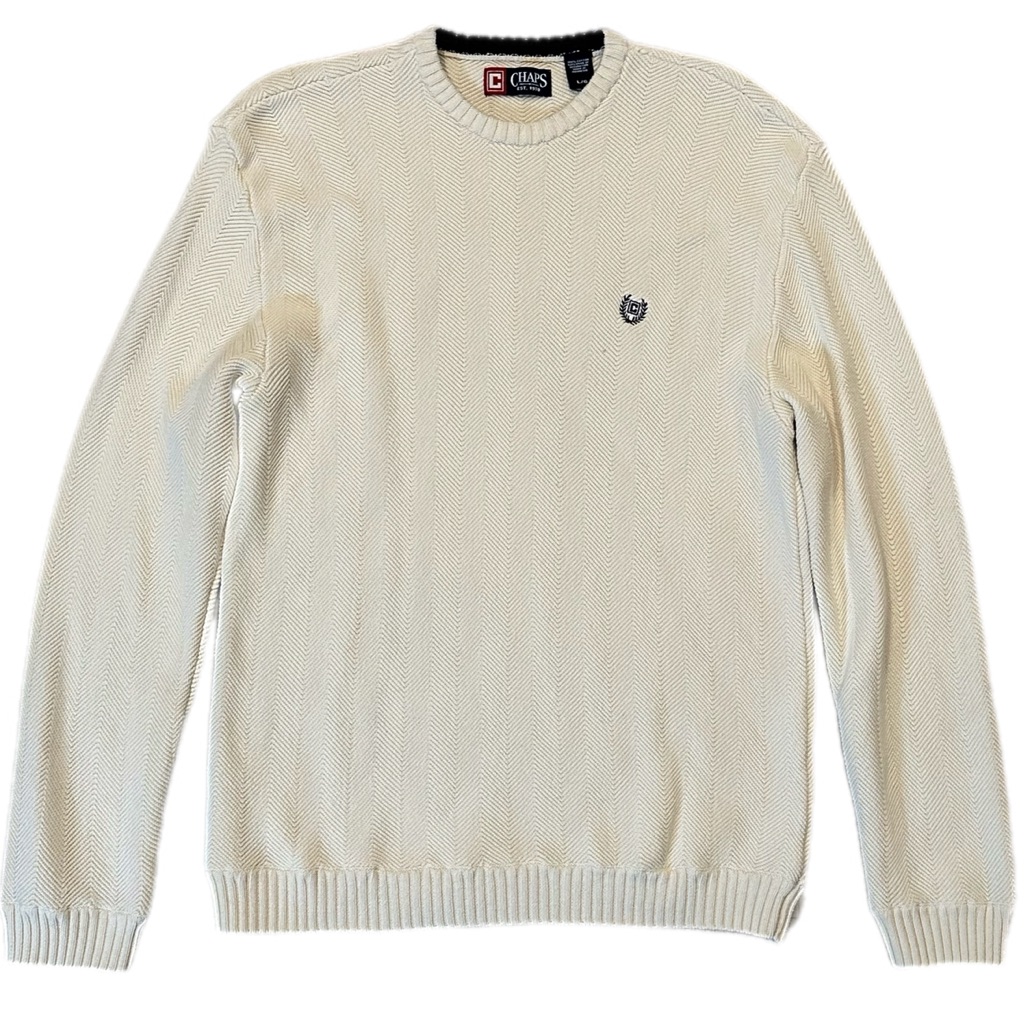 100% Cotton Chaps Herringbone Knit Pullover Sweater Men’s Large Cream